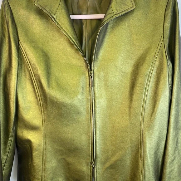 Linda Allard Ellen Tracy Metallic Green Gold Leather Jacket - Picture 7 of 10